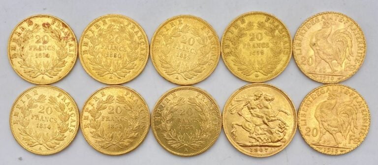 Ensemble de 10 pièces en or comprenant : - - 1 pièce de 20 francs or de type « …