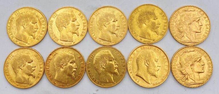Ensemble de 10 pièces en or comprenant : - - 1 pièce de 20 francs or de type « …