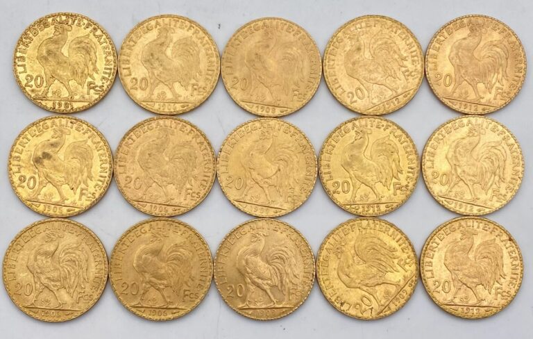 Ensemble de 15 pièces de 20 Francs or comprenant : - - -1 pièce de 20 francs or…