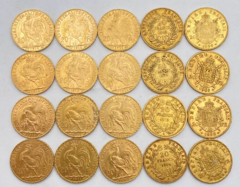 Ensemble de 20 pièces de 20 Francs or comprenant : - - -2 pièces de 20 Francs o…