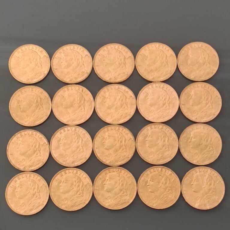Ensemble de 20 pièces de 20 Francs Suisse Vreneli Or comprenant: - - 1 pièce de…