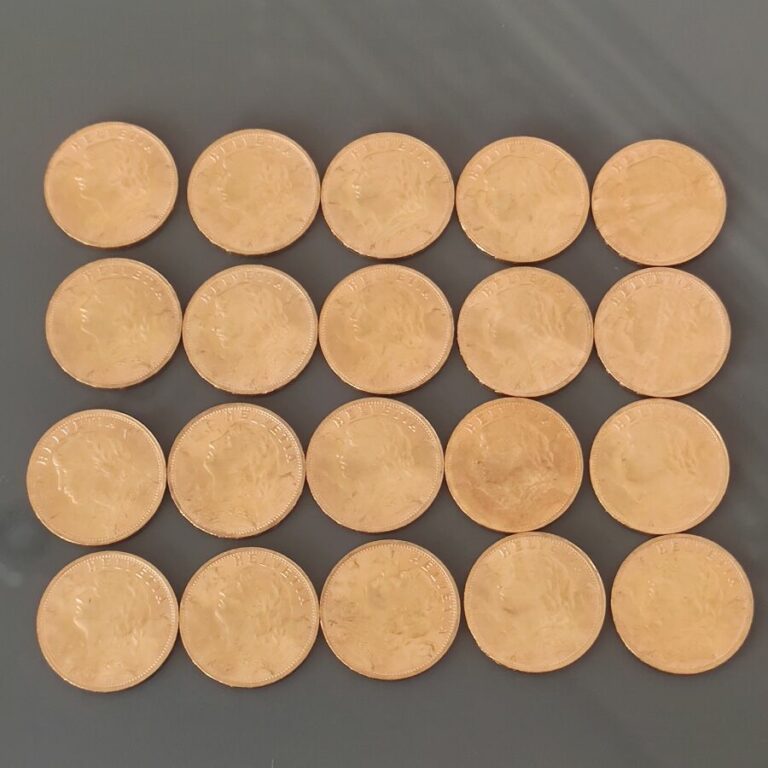 Ensemble de 20 pièces de 20 Francs Suisse Vreneli Or comprenant: - - 20 pièces…