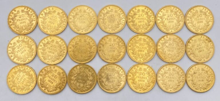 Ensemble de 21 pièces de 20 francs or comprenant : - - 3 pièces de 20 Francs or…