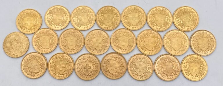 Ensemble de 22 pièces de 20 Francs or comprenant : - - -7 pièces de 20 Francs S…