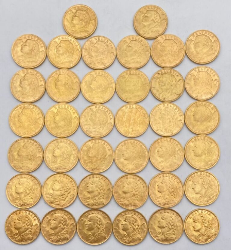 Ensemble de 38 pièces de 20 Francs Suisse Vreneli or 1935 LB (37) 1935 B (1) -…