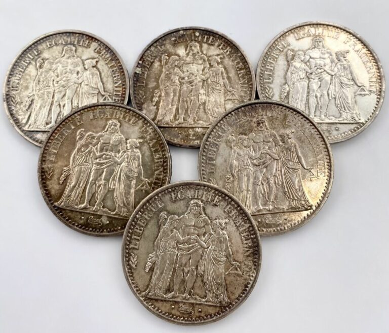 Ensemble de 6 pièces d'argent comprenant : - -3 pièces de 10 Francs Argent de t…