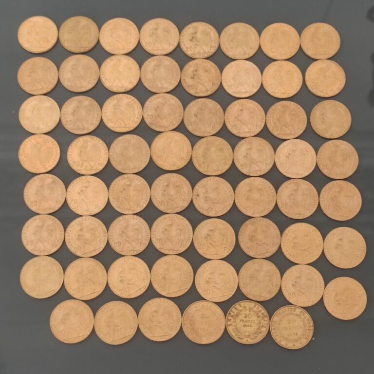 Ensemble de 62 pièces de 20 Francs or comprenant : - - 1 pièce de 20 Francs or…