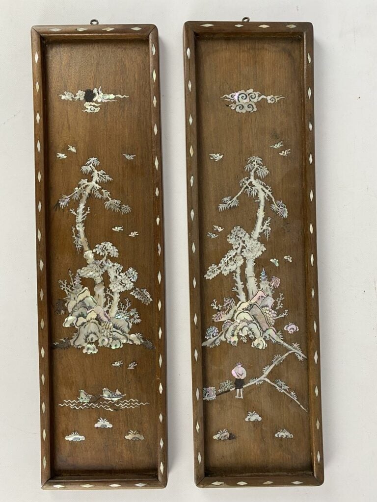 Ensemble de deux panneaux en bois avec incrustations de nacre - Vietnam - Paysa…