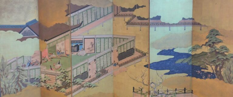 Ensemble de deux paravents Byobu à six panneaux représentant une scène du « Dit…