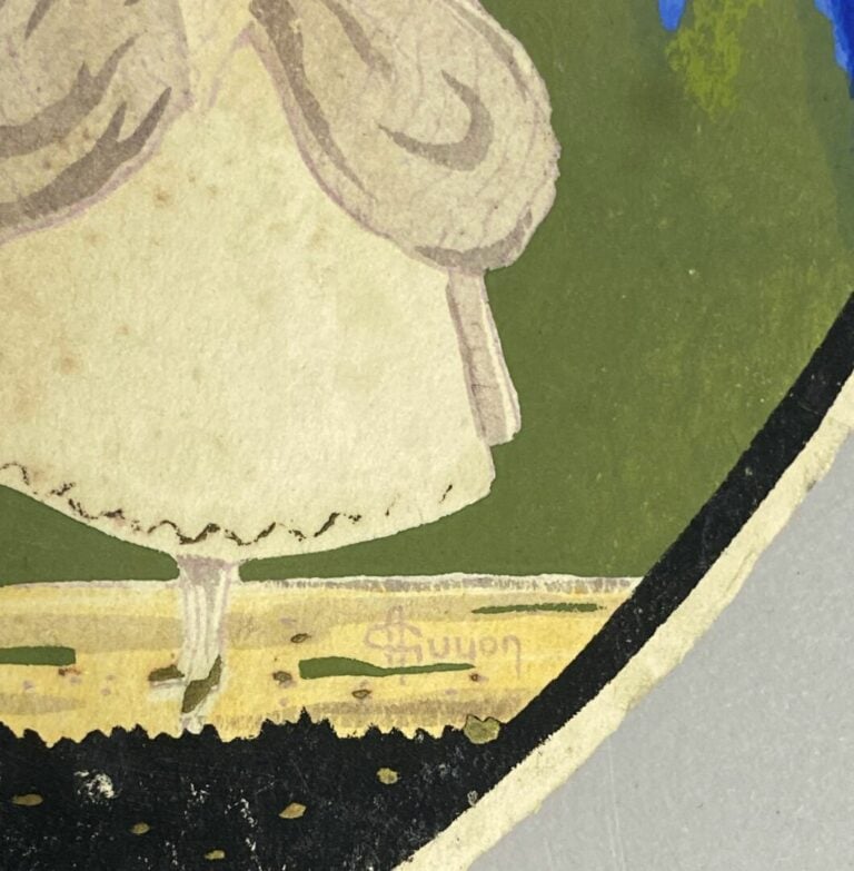 Ensemble de deux pochoirs sur papier en forme de tondo représentant Arlequin et…