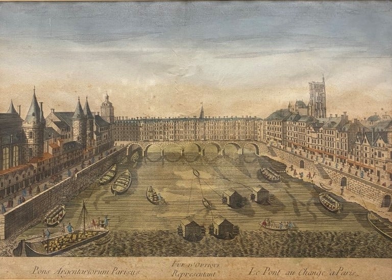 Ensemble de gravures - comprenant: - - Vue d'optique, Le pont de change à Paris…