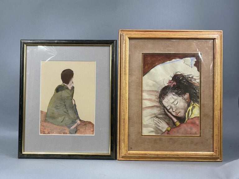 Ensemble de huit pièces encadrées comprenant des gravures, huile sur toile, hui…