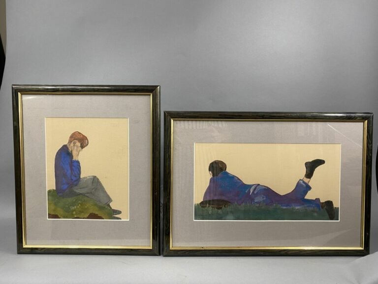 Ensemble de huit pièces encadrées comprenant des gravures, huile sur toile, hui…