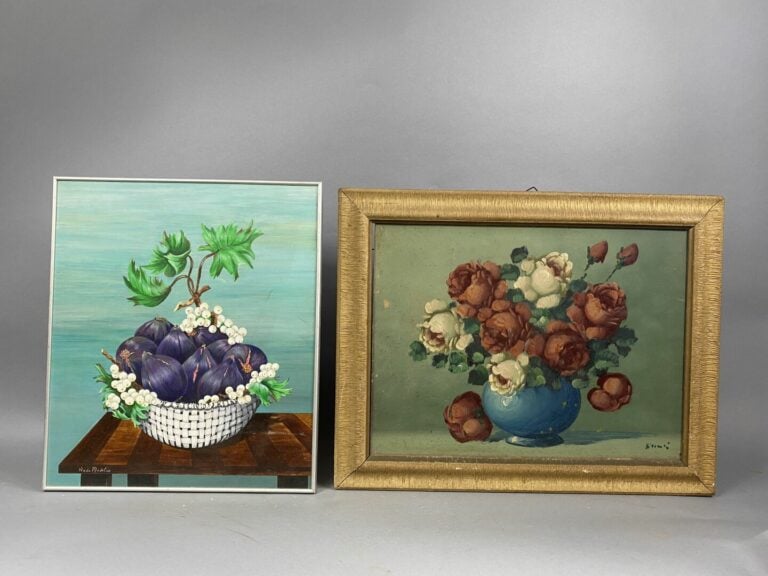 Ensemble de huit pièces encadrées comprenant des gravures, huile sur toile, hui…