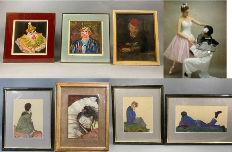 Ensemble de huit pièces encadrées comprenant des gravures, huile sur toile, hui…