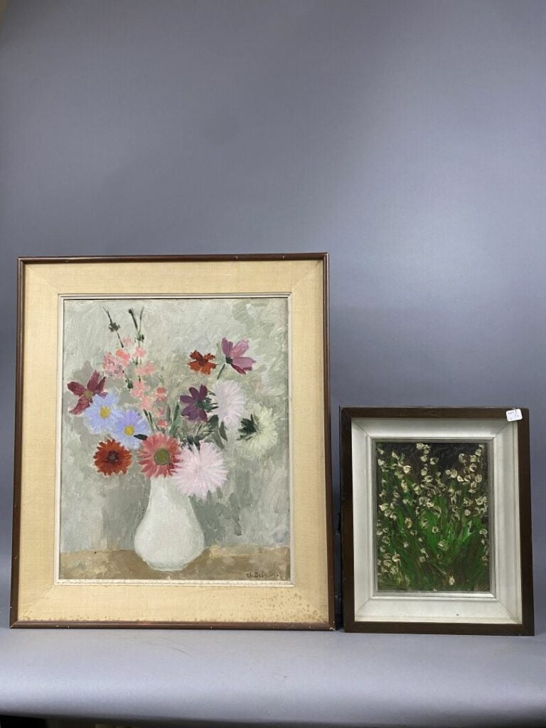 Ensemble de huit pièces encadrées comprenant des gravures, huile sur toile, hui…