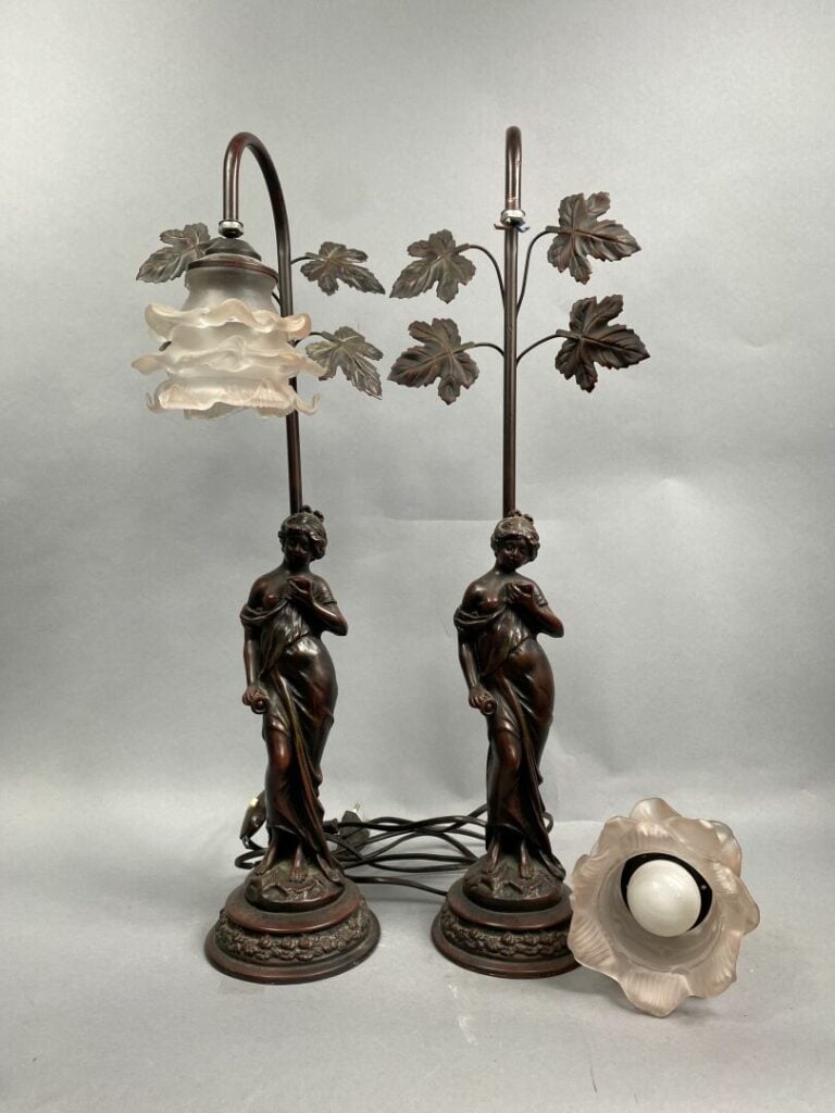 Ensemble de lampes à sujet en régule patiné, certaines polychromes