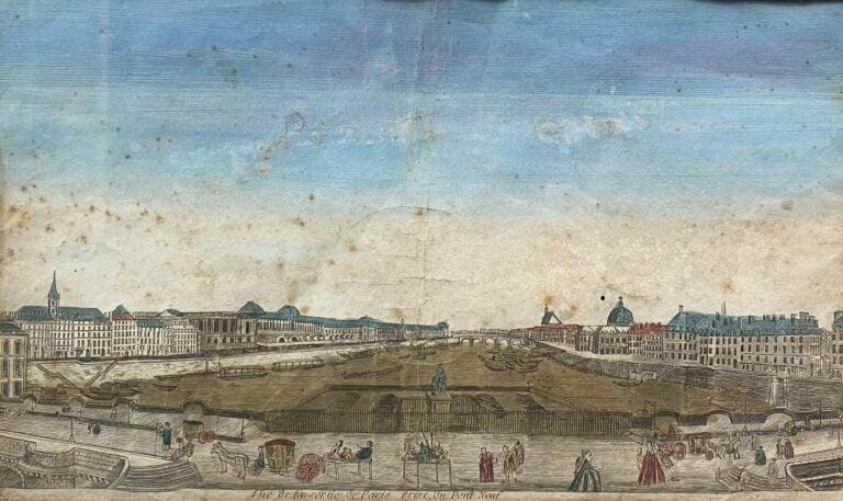 Ensemble de pièces encadrées comprenant gravures, vue d'optiques du Pont Neuf,…