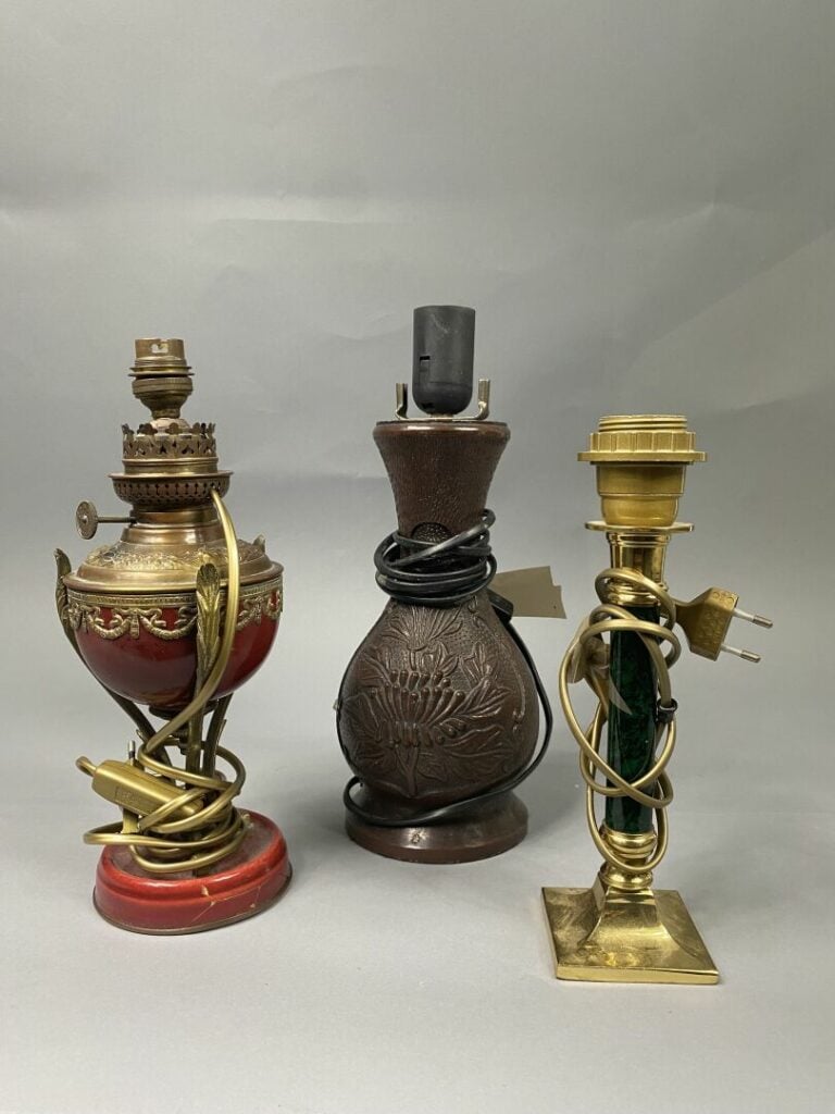 Ensemble de pieds de lampe, lampes à pétrole en pierre dure, étain et céramique…