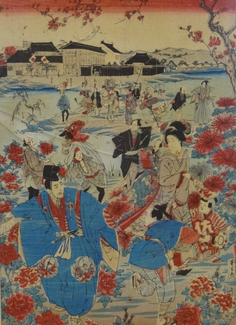 ENSEMBLE DE QUATRE (4) ESTAMPES SUR PAPIER CREPON - Japon - Représentant des je…
