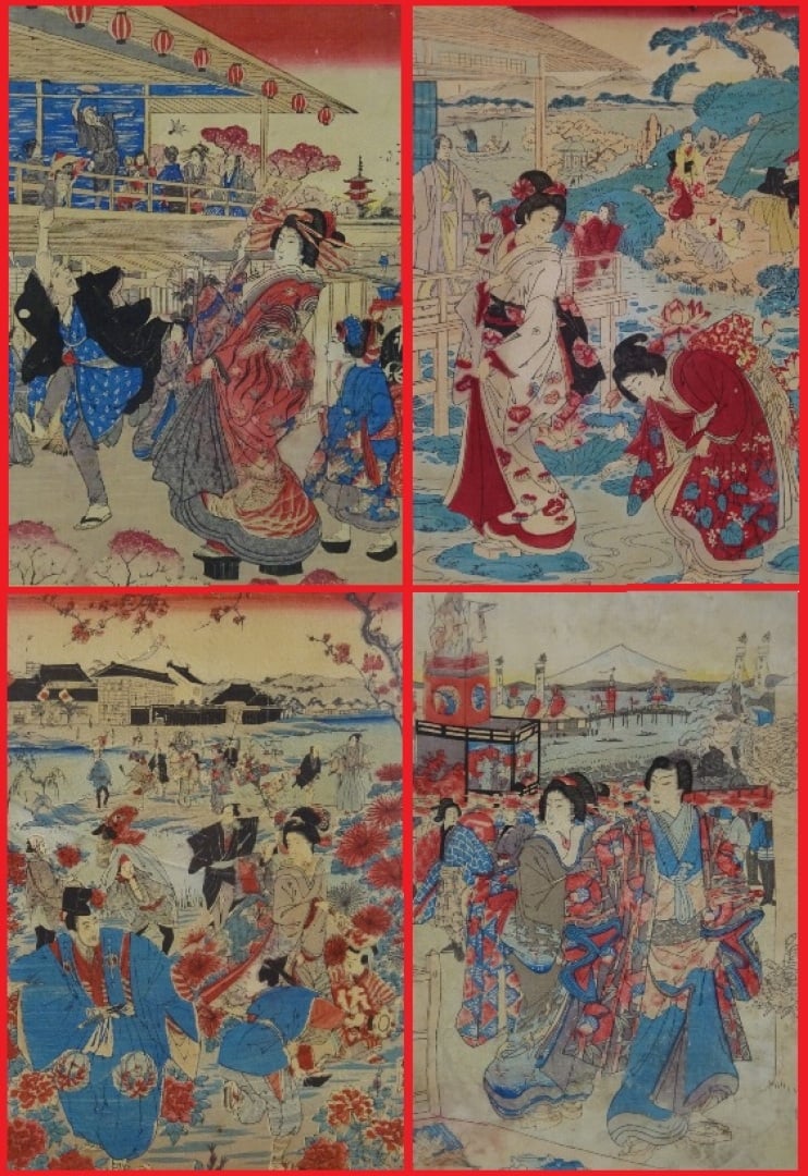 ENSEMBLE DE QUATRE (4) ESTAMPES SUR PAPIER CREPON - Japon - Représentant des je…