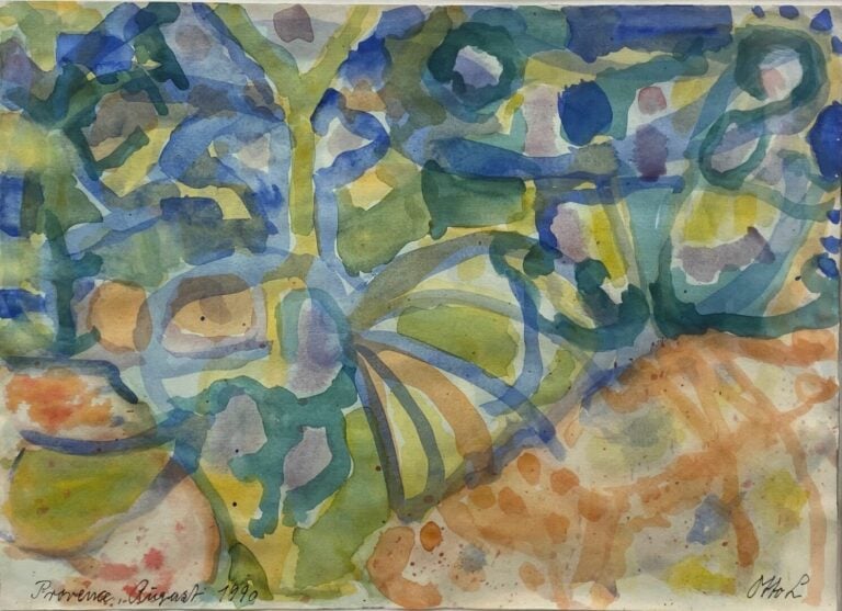 Ensemble de quatre pièces encadrées dont une aquarelle titrée Provence, une vue…
