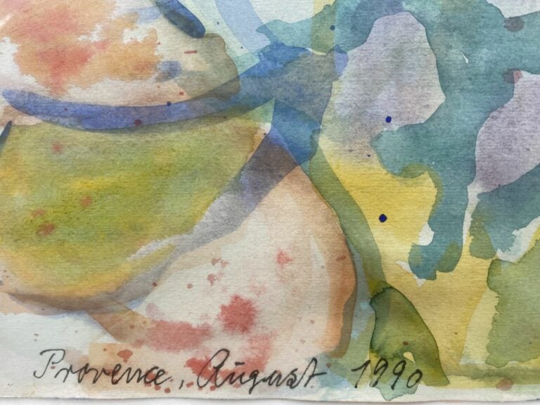 Ensemble de quatre pièces encadrées dont une aquarelle titrée Provence, une vue…