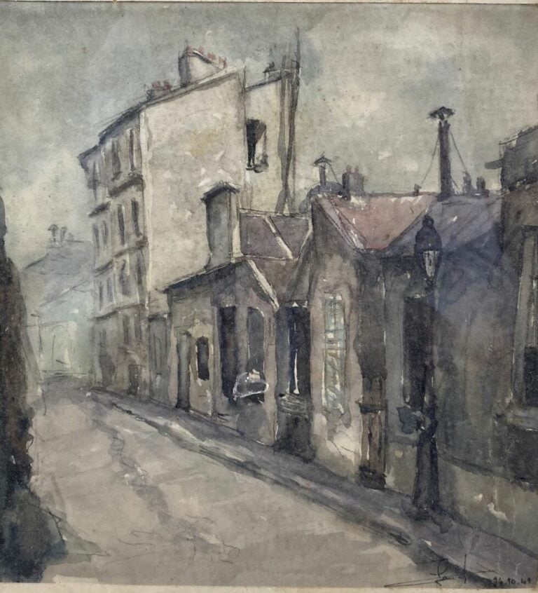 Ensemble de quatre pièces encadrées dont une aquarelle titrée Provence, une vue…