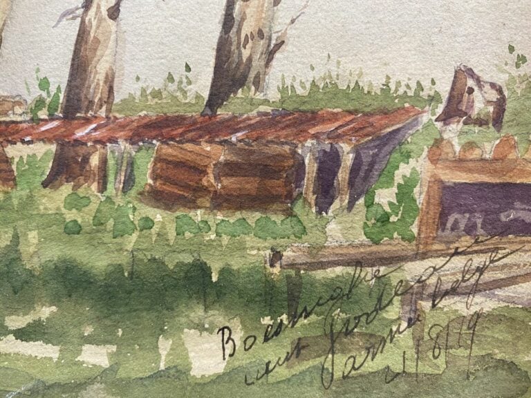 Ensemble de quatre pièces encadrées dont une aquarelle titrée Provence, une vue…