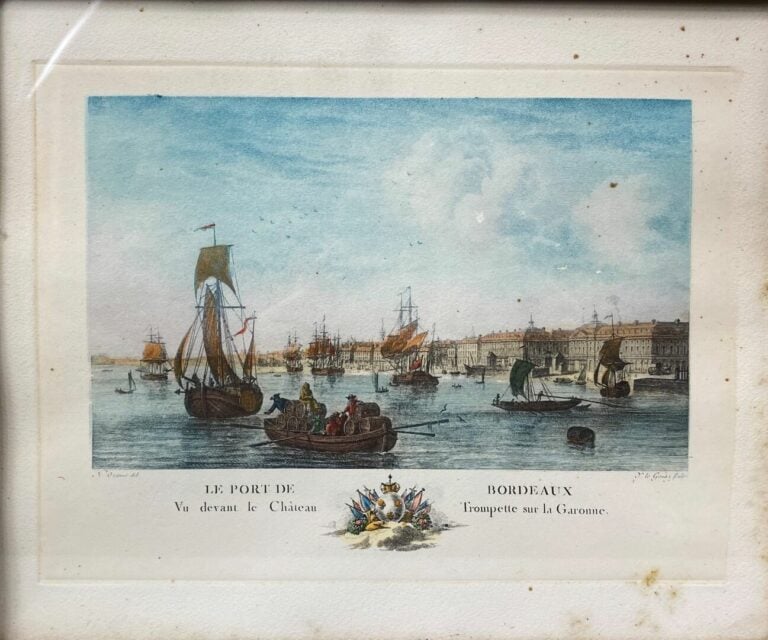 Ensemble de sept gravures rehaussées titrées "Vue de port" comprenant Toulon, B…