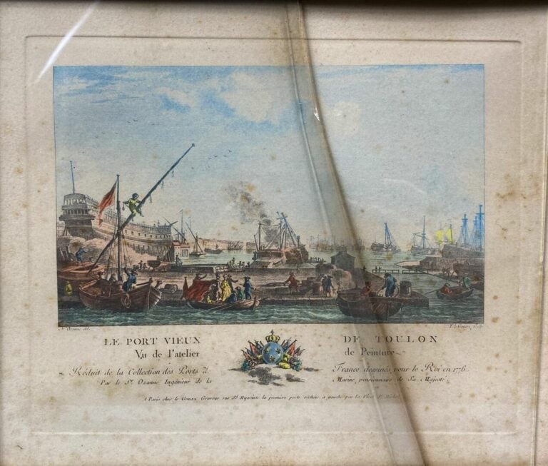 Ensemble de sept gravures rehaussées titrées "Vue de port" comprenant Toulon, B…