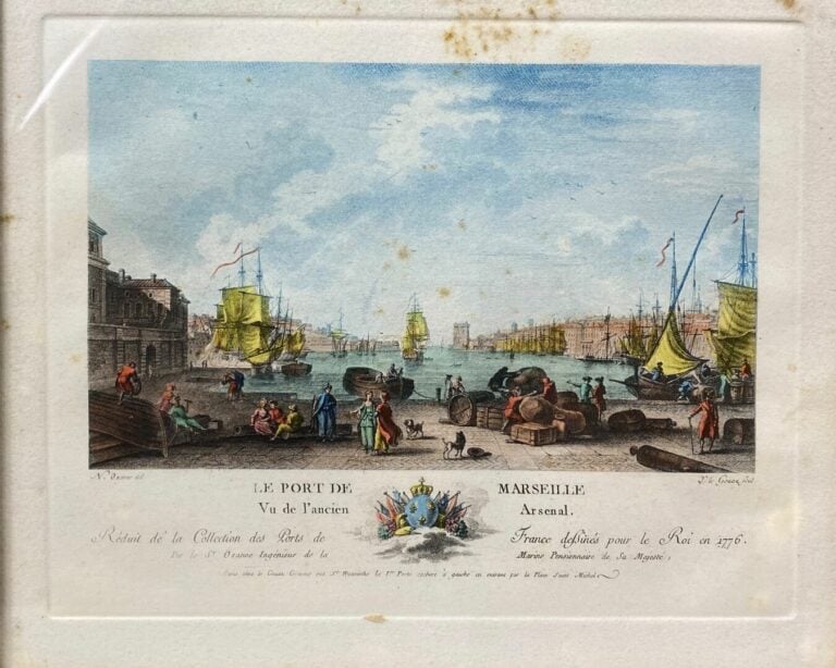 Ensemble de sept gravures rehaussées titrées "Vue de port" comprenant Toulon, B…