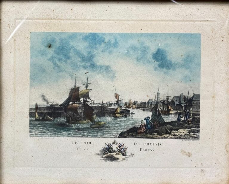 Ensemble de sept gravures rehaussées titrées "Vue de port" comprenant Toulon, B…