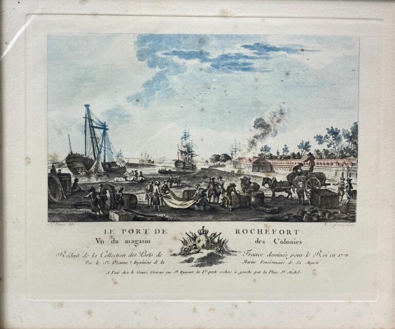 Ensemble de sept gravures rehaussées titrées "Vue de port" comprenant Toulon, B…