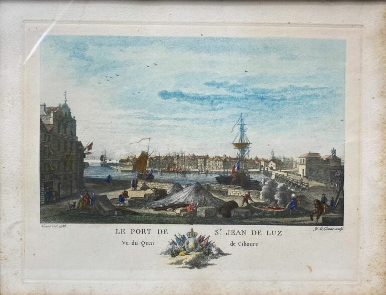 Ensemble de sept gravures rehaussées titrées "Vue de port" comprenant Toulon, B…