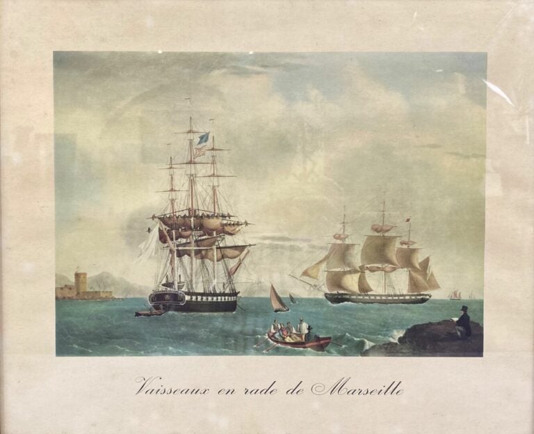 Ensemble de six estampes en couleur représentant des voiliers naviguant sur mer…