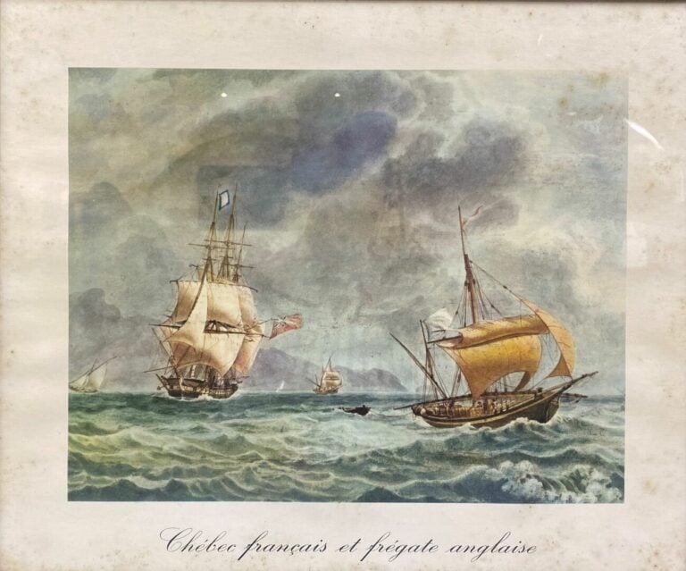 Ensemble de six estampes en couleur représentant des voiliers naviguant sur mer…