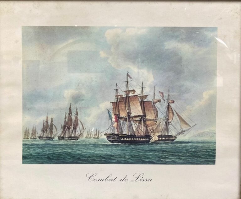 Ensemble de six estampes en couleur représentant des voiliers naviguant sur mer…