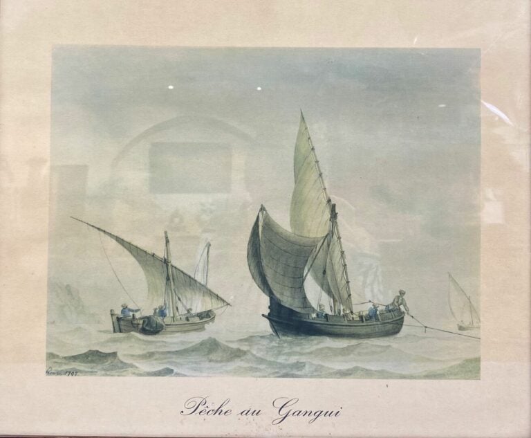 Ensemble de six estampes en couleur représentant des voiliers naviguant sur mer…
