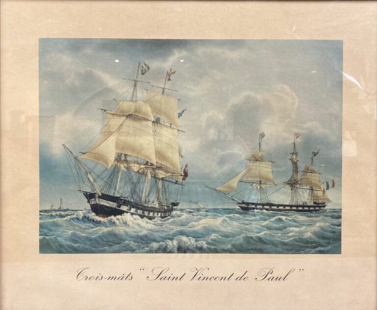 Ensemble de six estampes en couleur représentant des voiliers naviguant sur mer…