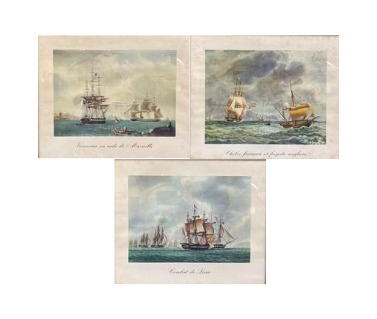 Ensemble de six estampes en couleur représentant des voiliers naviguant sur mer…