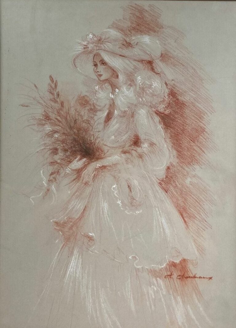 Ensemble de trois dessins à la sanguine et rehauts de blanc - - Jeune femme au…