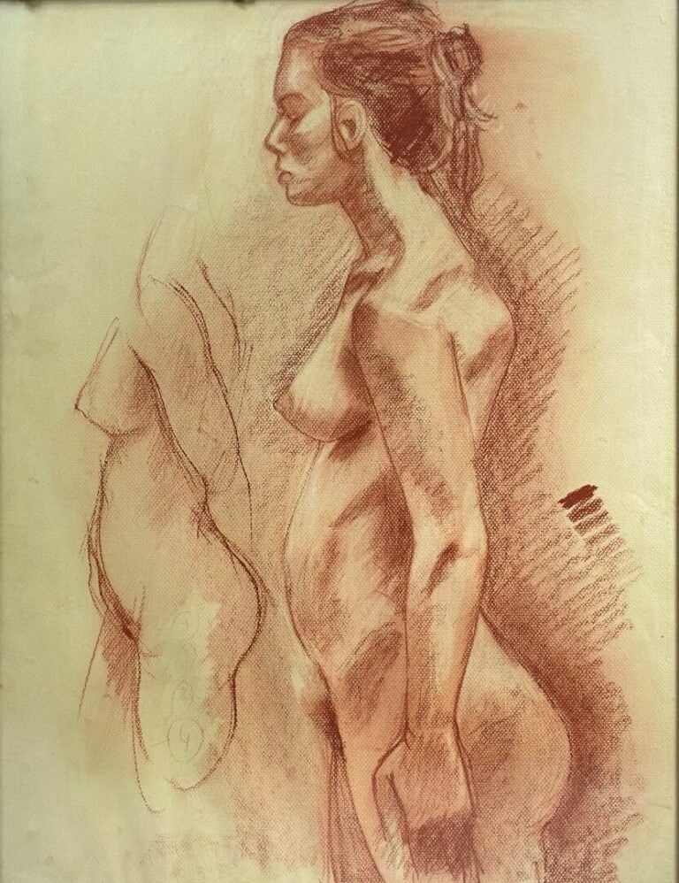 Ensemble de trois dessins à la sanguine et rehauts de blanc - - Jeune femme au…