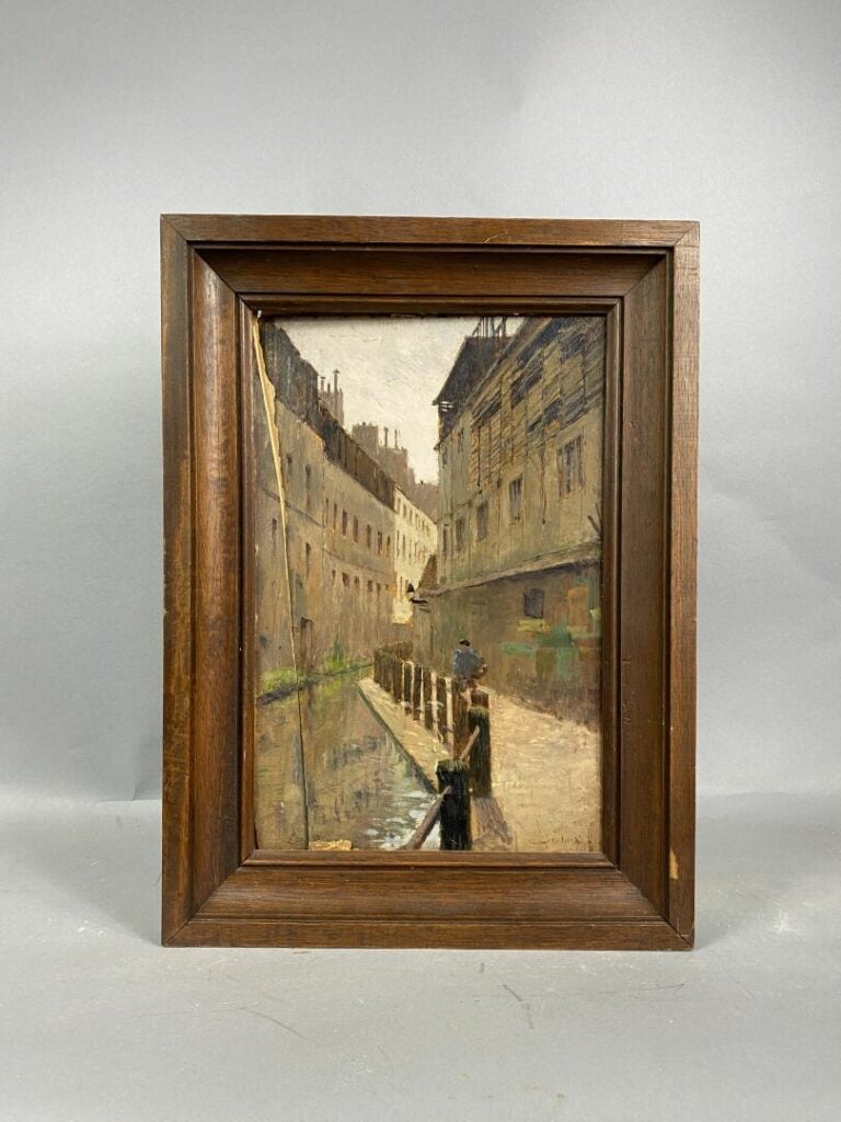 Ensemble de trois huiles sur panneau et bois, rues de ville et vue du pont - (f…