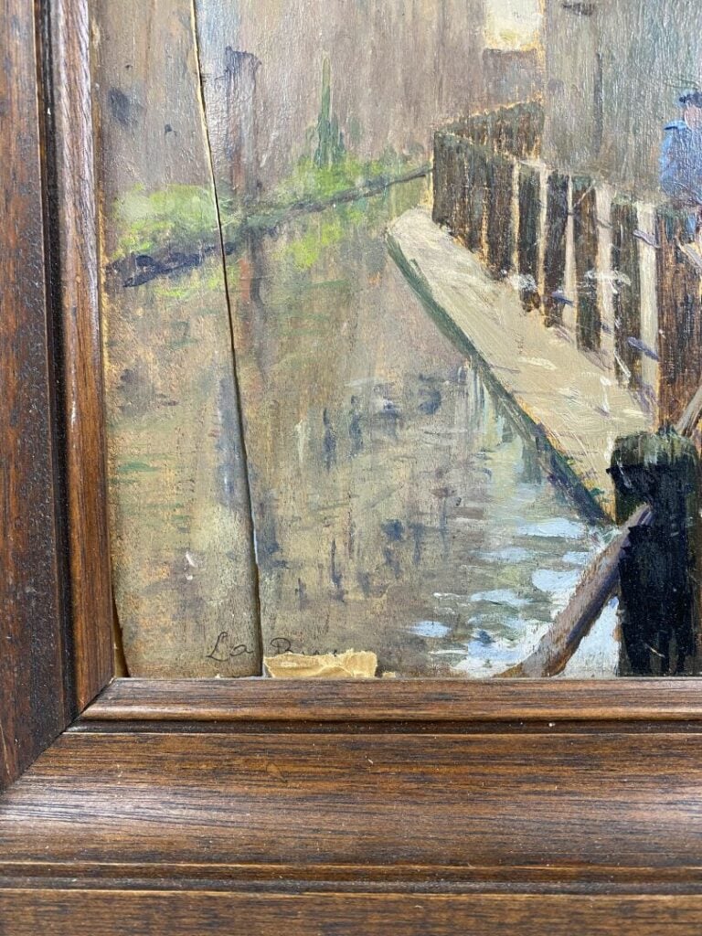 Ensemble de trois huiles sur panneau et bois, rues de ville et vue du pont - (f…