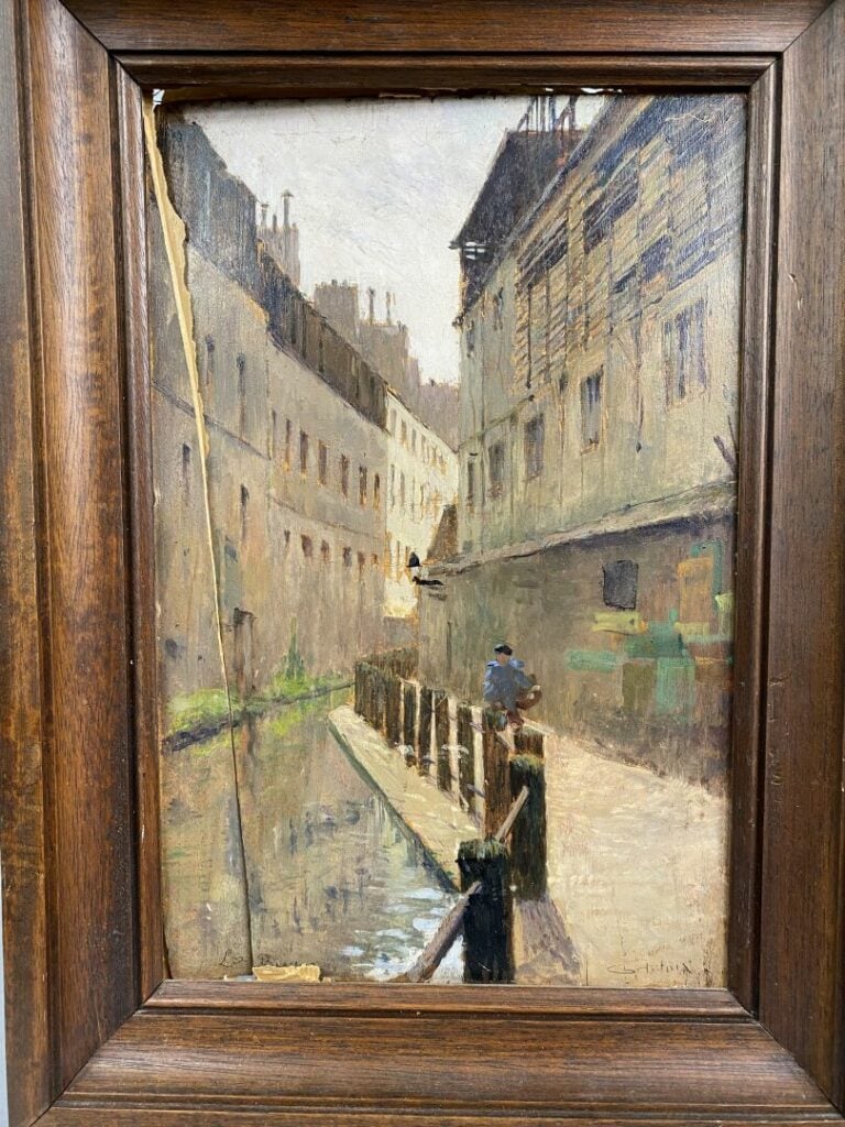 Ensemble de trois huiles sur panneau et bois, rues de ville et vue du pont - (f…