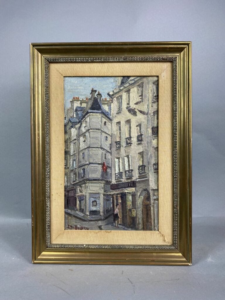 Ensemble de trois huiles sur panneau et bois, rues de ville et vue du pont - (f…