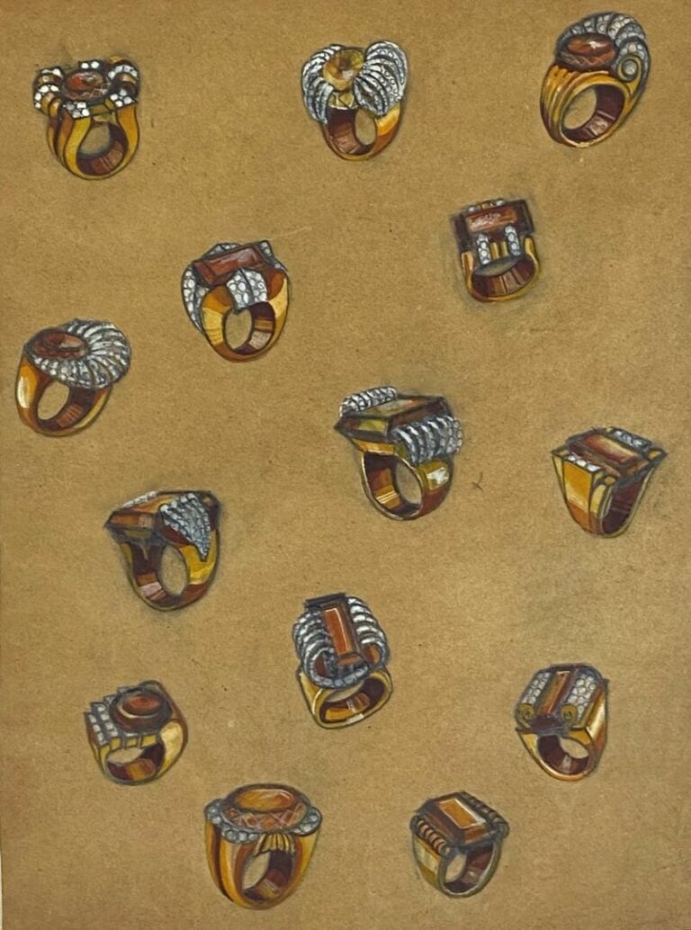 Ensemble d'environ 100 dessins gouachés en couleur et esquisses au crayon sur p…