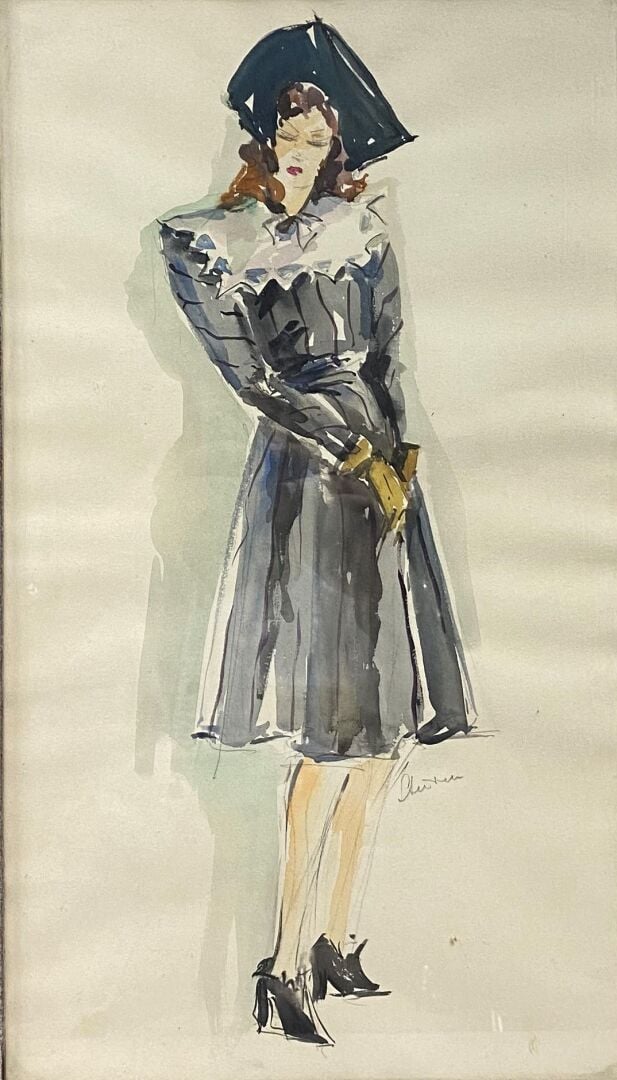 Ensemble deux aquarelles comprenant - - une femme habillée à la façon des année…