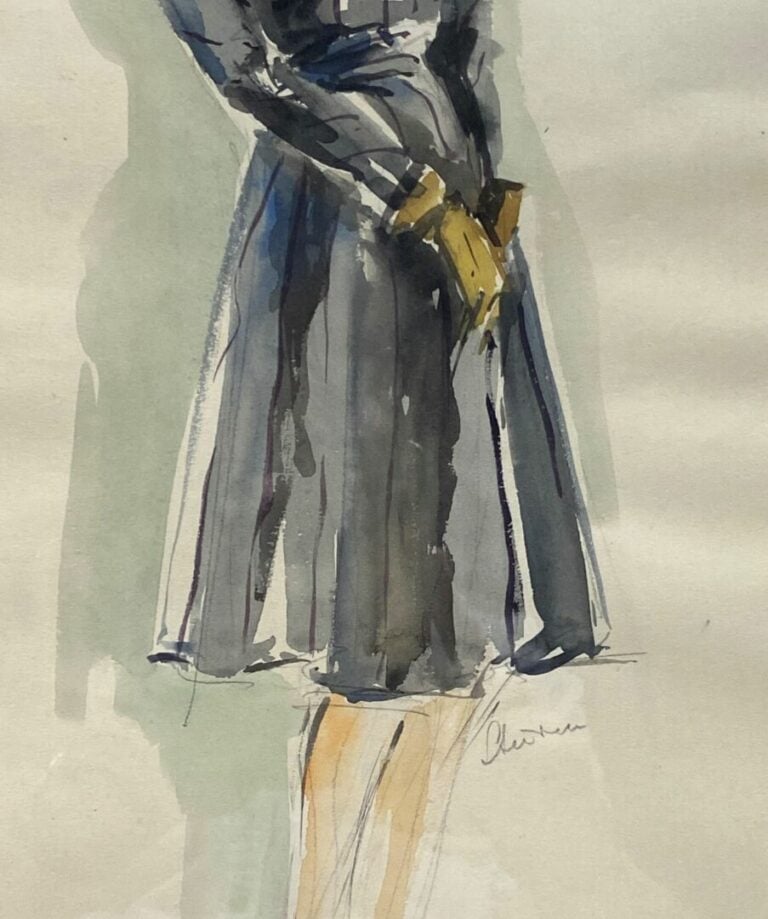 Ensemble deux aquarelles comprenant - - une femme habillée à la façon des année…